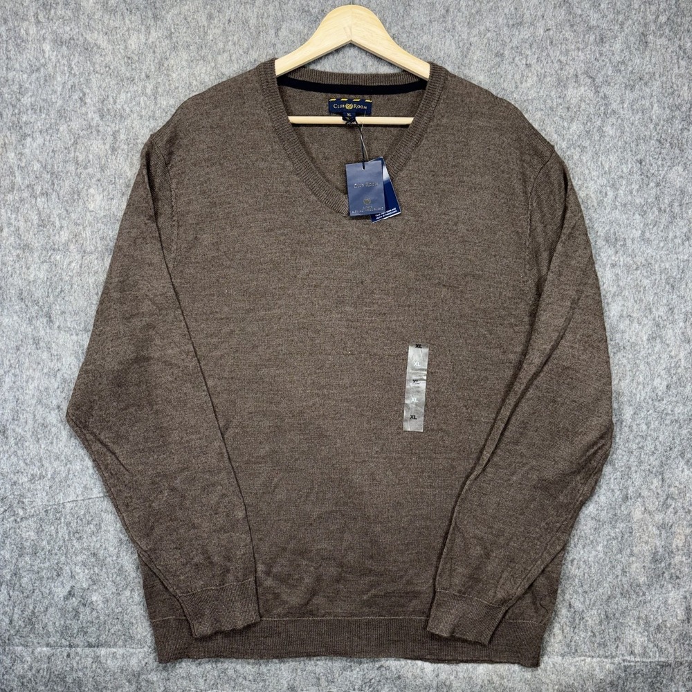 Club Room Merino Wool Blend Sweater Men's XL Brown V‎ Neck Preppy